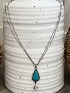 Teardrop turquoise stone necklace set in silver metal pendant